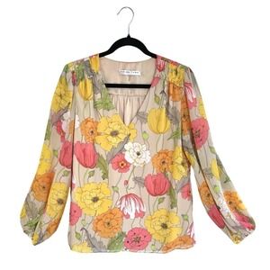 TRINA TURK Floral Silk V-Neck Blouse Size M Multi-Color Poppy Print Long Sleeve